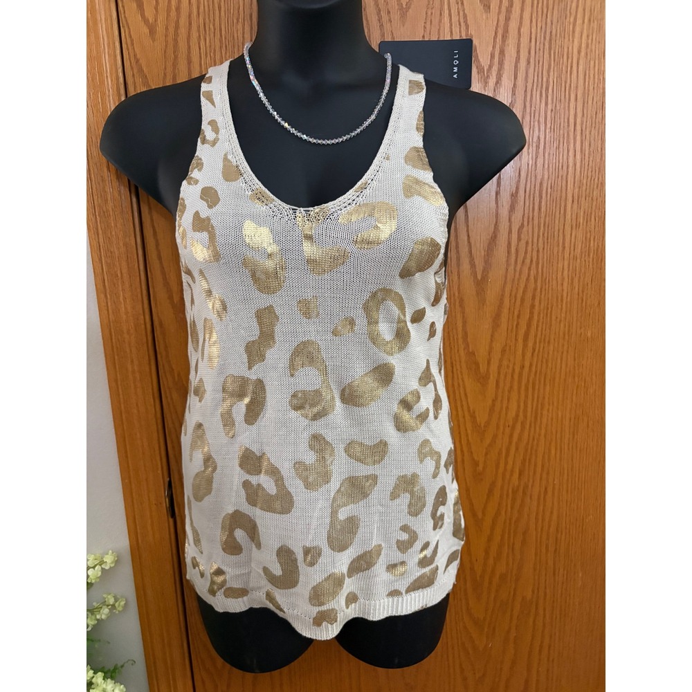 Amoli Glamorous As Heck Tank Top Gold Metallic Leopard Print Knit Cream S/M